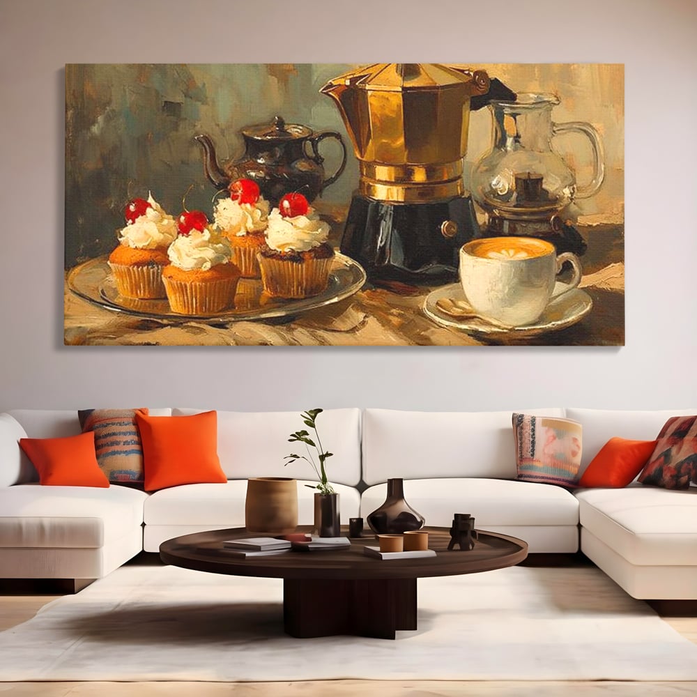 Tablou canvas cu pictura statica cu briose si cafea, fara rama, pe sasiu de lemn, pe perete intr-un living
